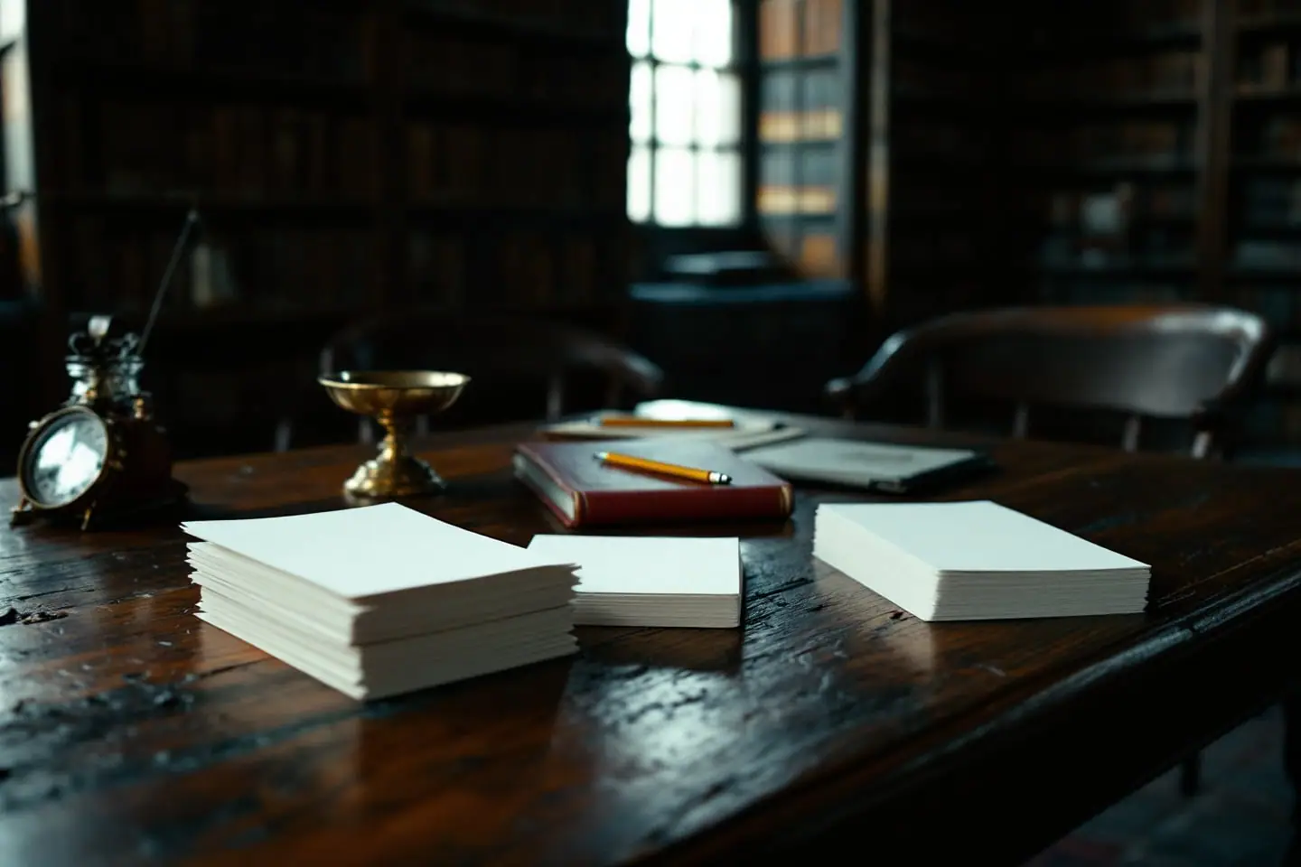 Two piles of blank index cards and a small brass balance scale on a library table in evening light.