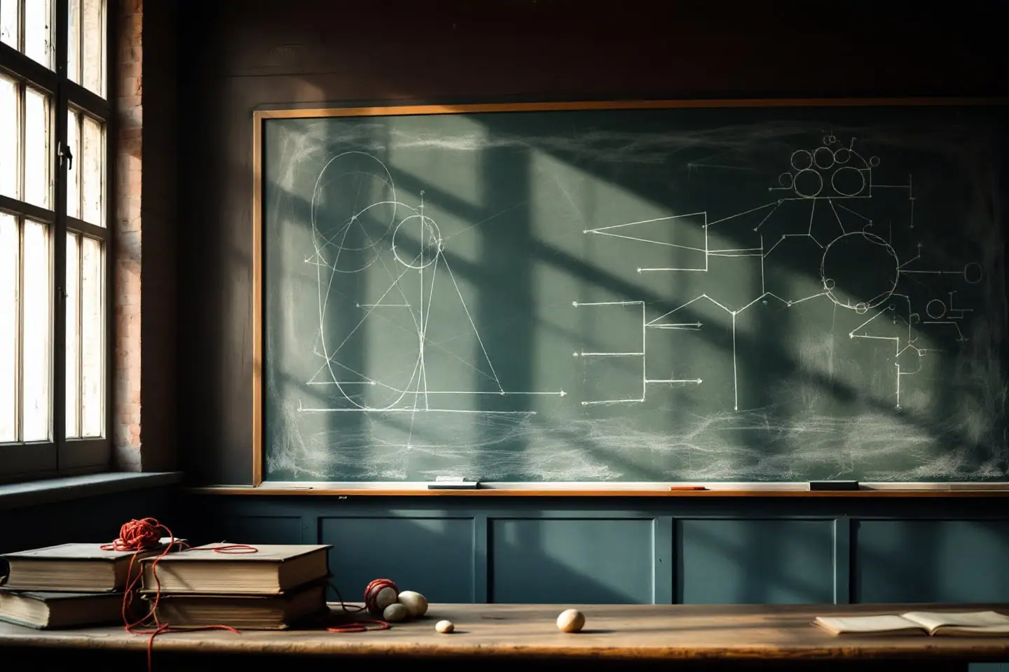 A chalkboard with an unlabeled diagram of circles, triangles and branching lines above a desk of old books.
